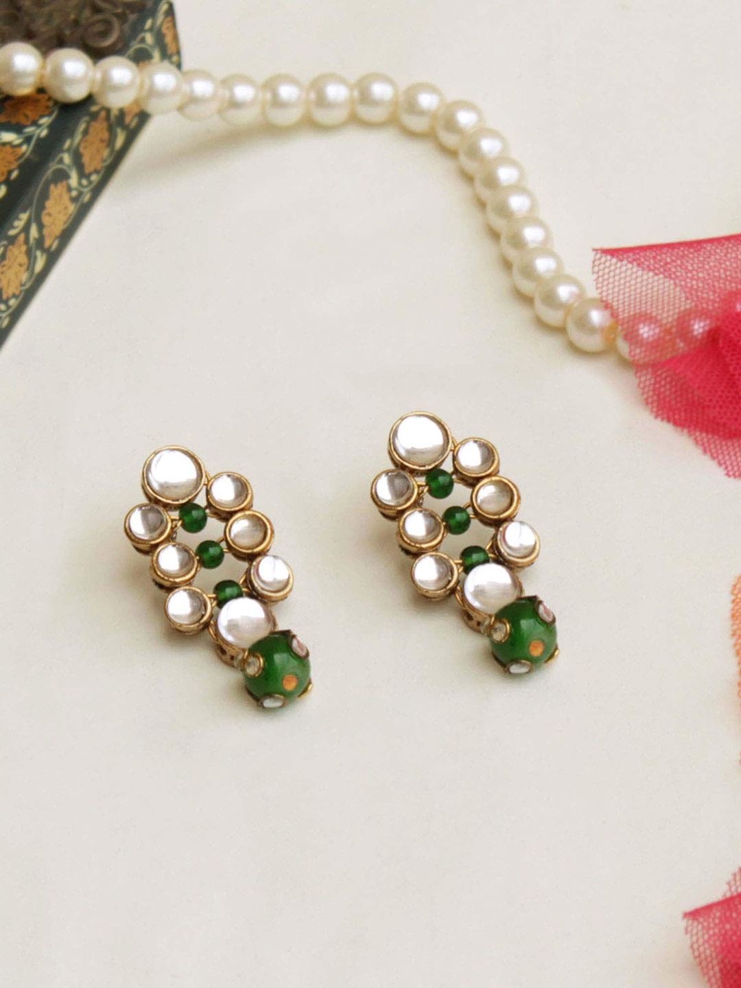 

BeAbhika Kundan Studded & Pearls Beaded Drop Earrings, Gold