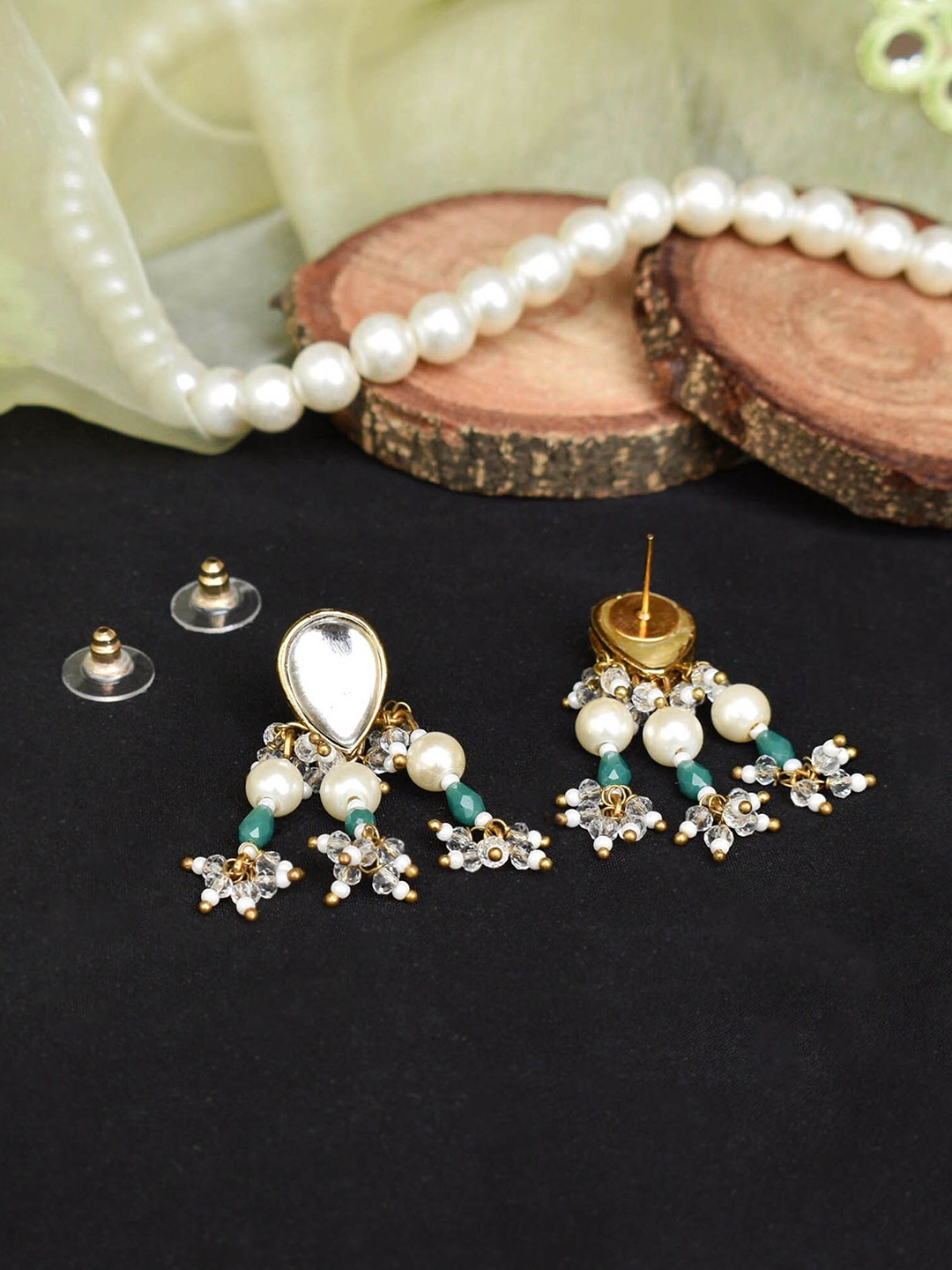

BeAbhika Artificial Stone Studded & Beaded Contemporary Drop Earrings, Gold