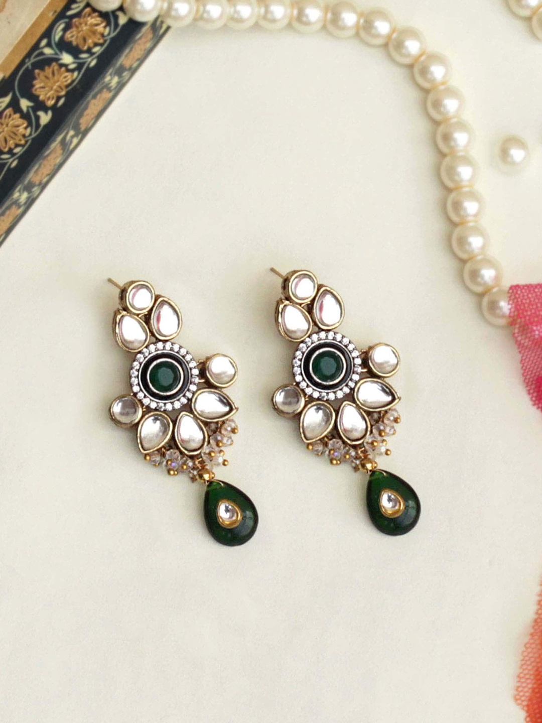 

BeAbhika Kundan Studded & Beaded Drop Earrings, Gold