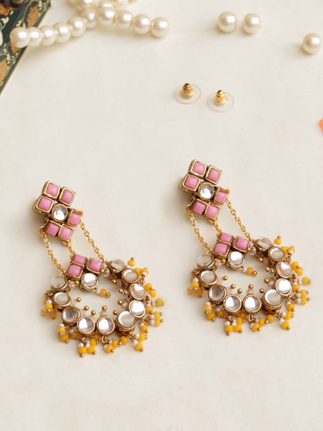 

BeAbhika Kundan Studded & Beaded Drop Earrings, Gold