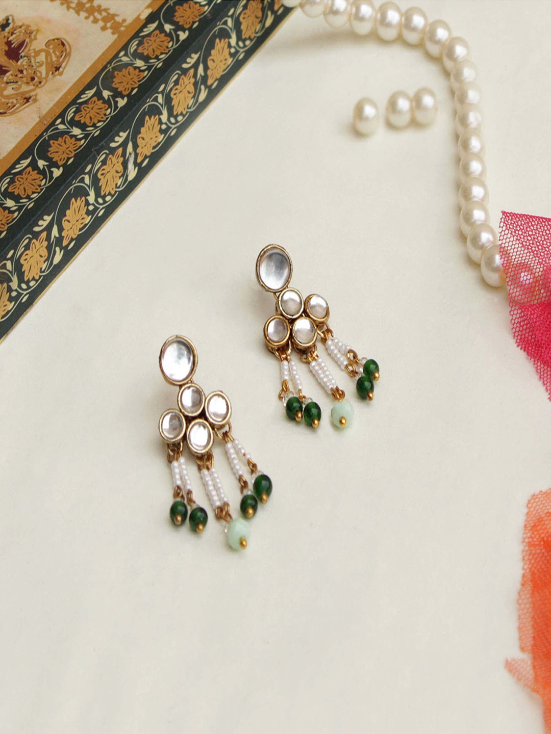 

BeAbhika Kundan Studded & Beaded Drop Earrings, Gold