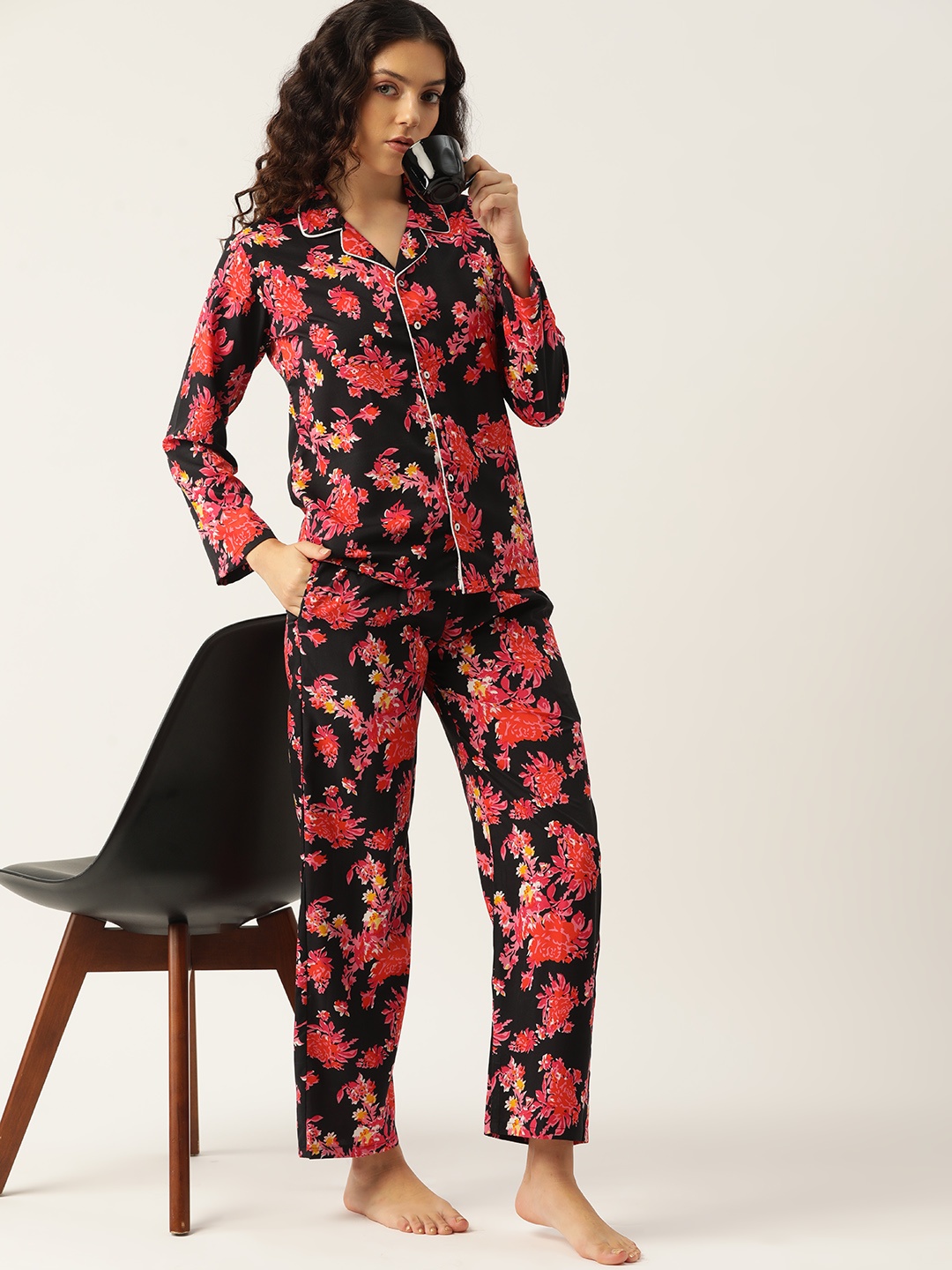 

ETC Floral Printed Night Suit, Black