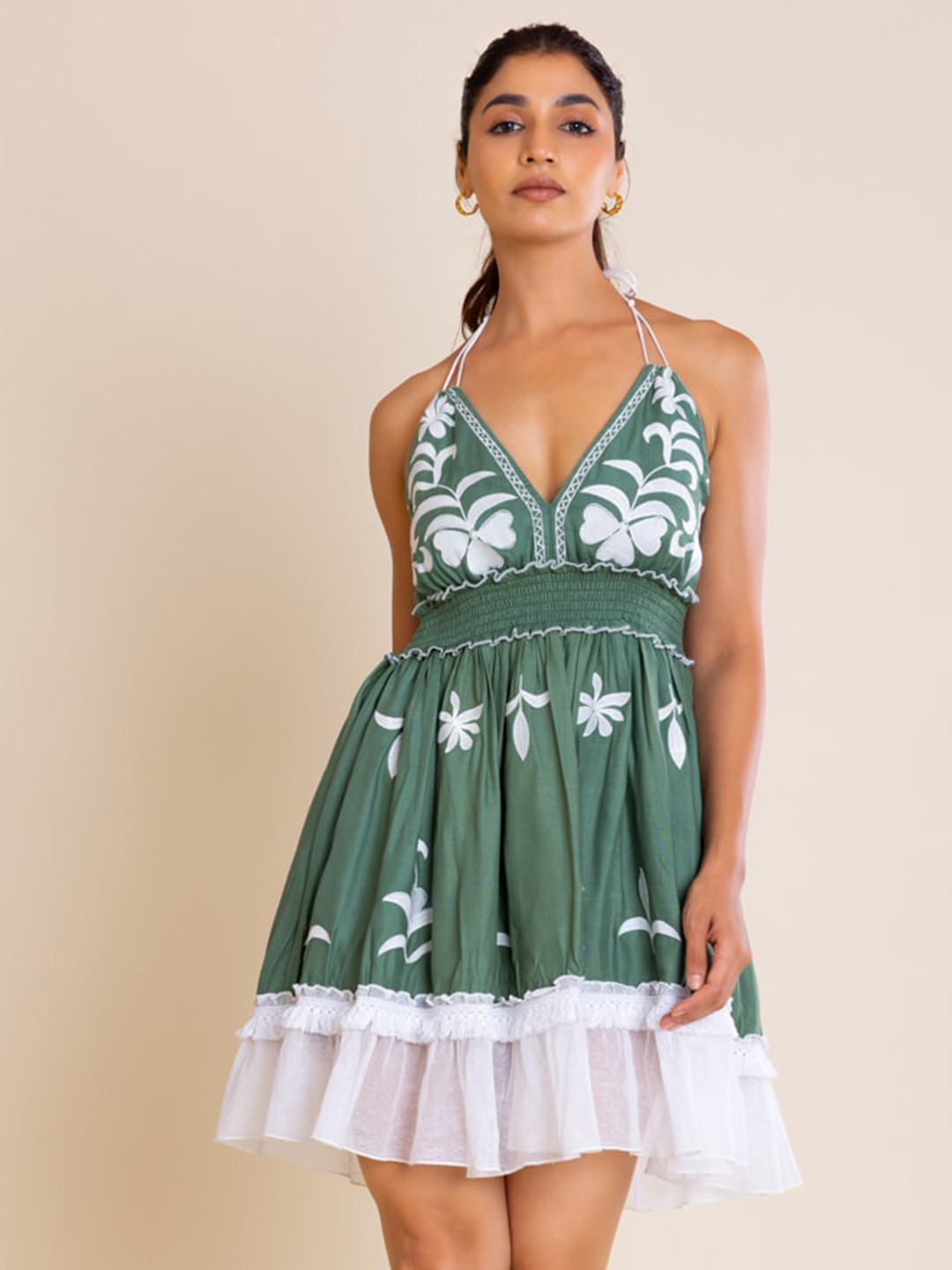 

Label Reyya Floral Printed Halter Neck Smocked Fit & Flare Dress, Green