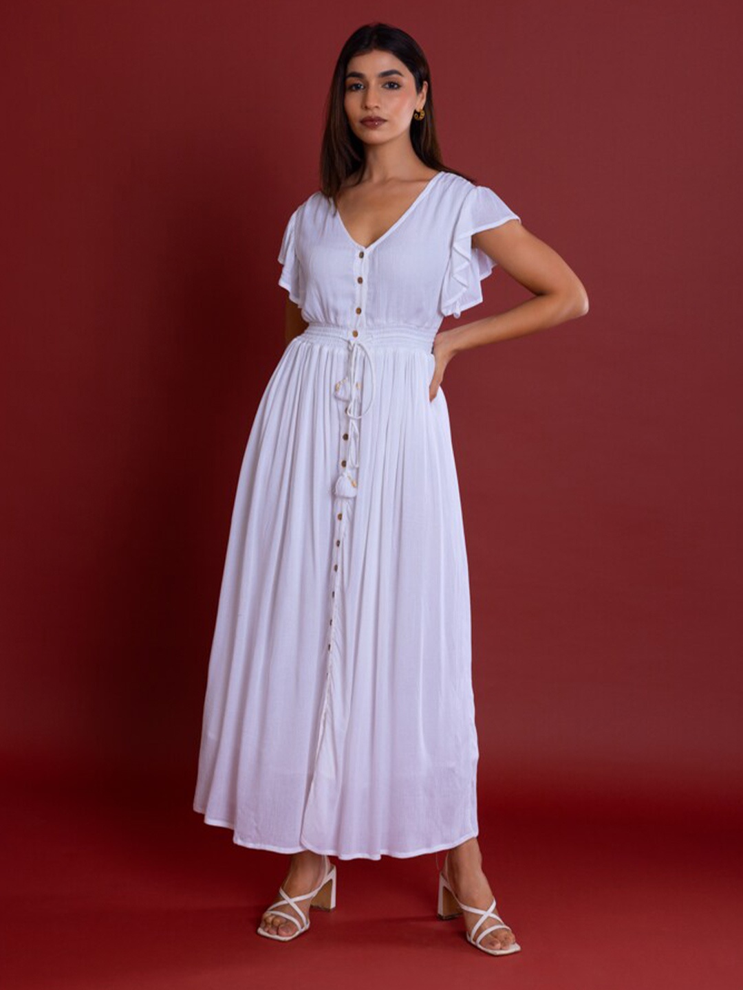 

Label Reyya V-Neck Flutter Sleeves Tie-Ups Smocked Maxi Dress, White