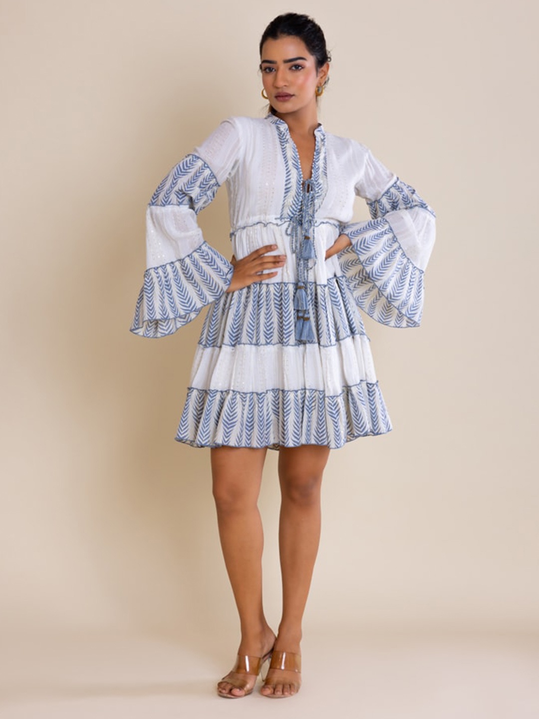 

Label Reyya Geometric Printed Flared Sleeves Sequinned Fit & Flare Dress, Blue