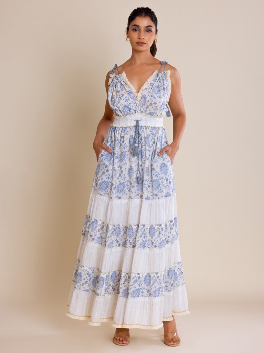 

Label Reyya Ethnic Motifs Printed Shoulder Strap Neck Pleated Maxi Dress, Blue