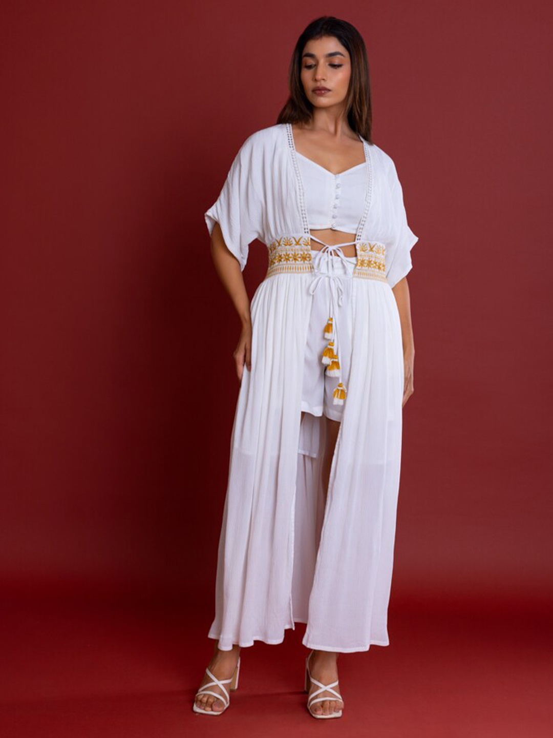 

Label Reyya Embroidered Mirror Work Tie-Up Shrug, White
