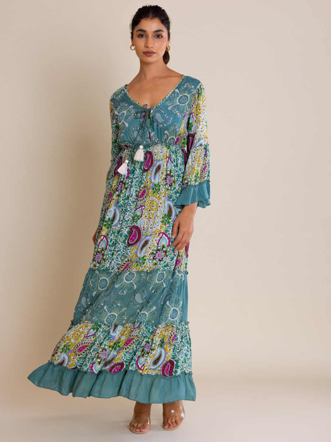 

Label Reyya Floral Printed Bell Sleeves Embellished Fit & Flare Maxi Dress, Green