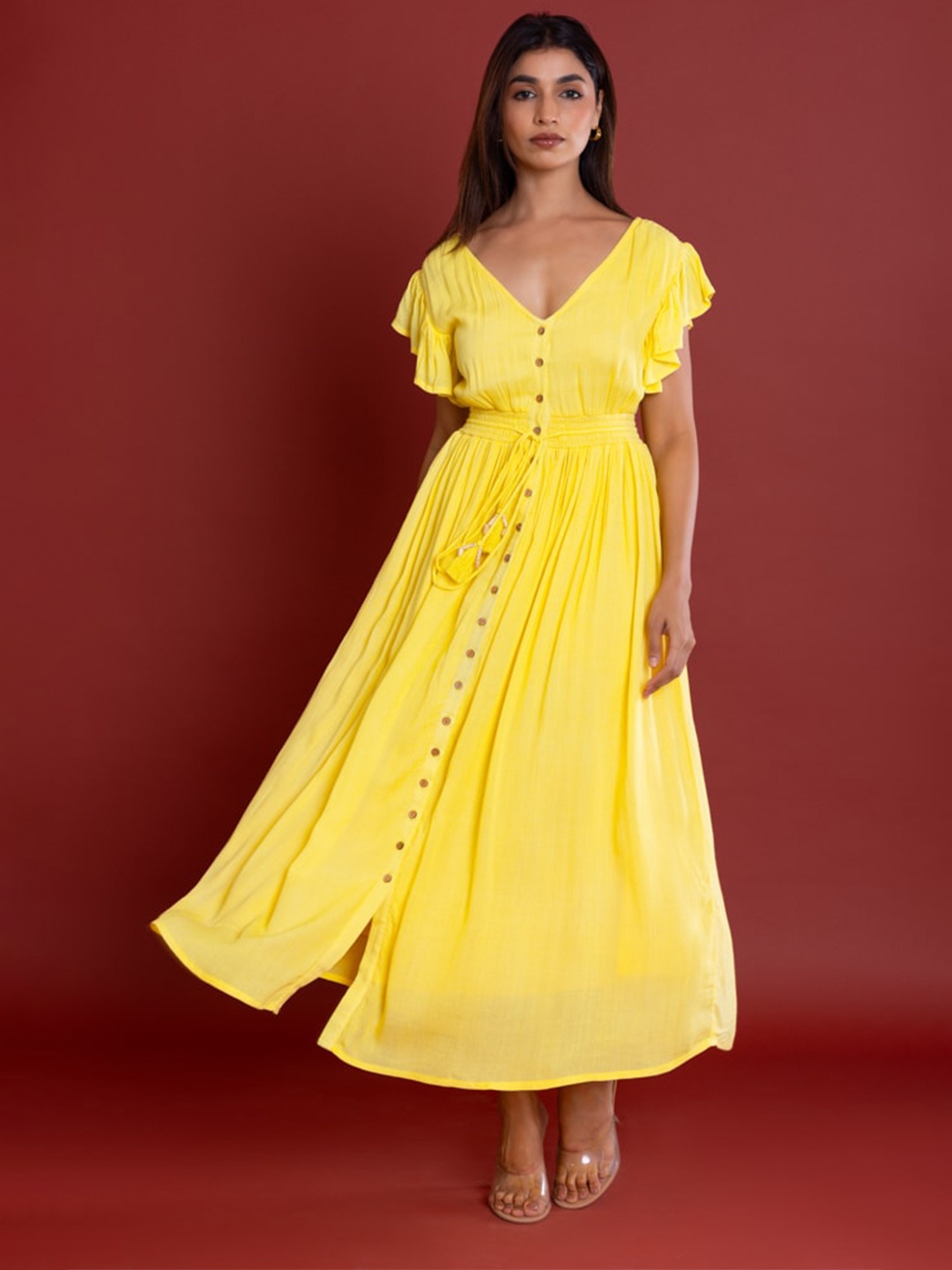 

Label Reyya Flutter Sleeve Crepe Fit & Flare Maxi Dress, Yellow
