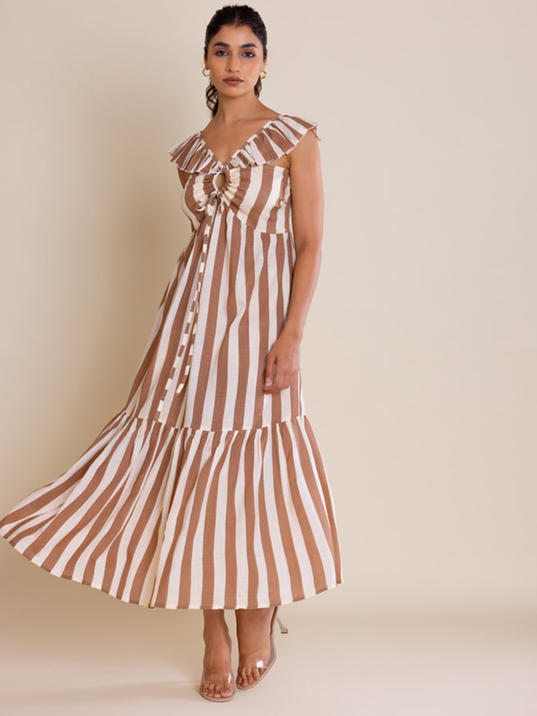 

Label Reyya Striped V-Neck Cut-Outs Smocked A-Line Midi Dress, Brown