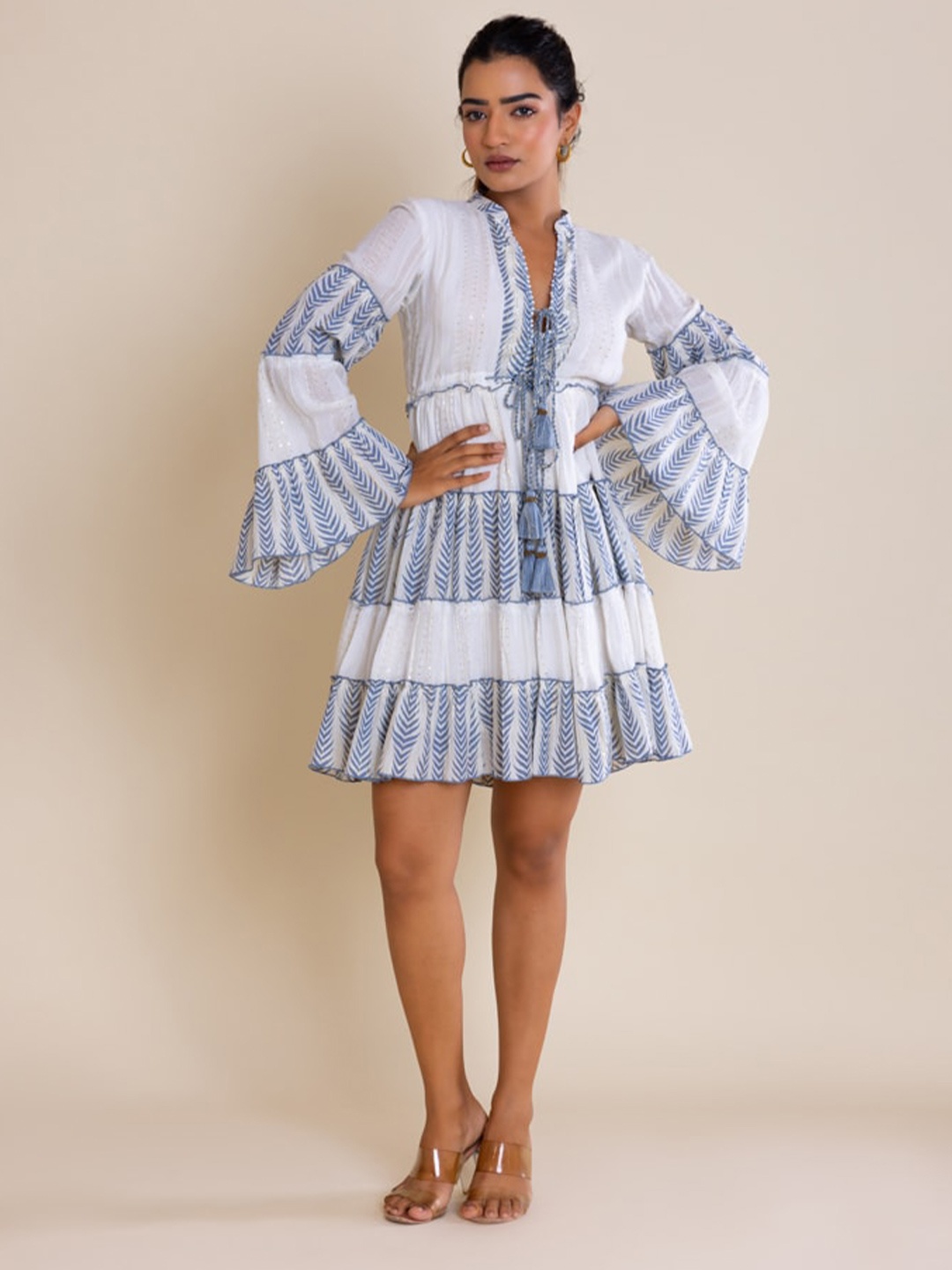 

Label Reyya Striped Bell Sleeve Tiered Fit & Flare Dress, Blue