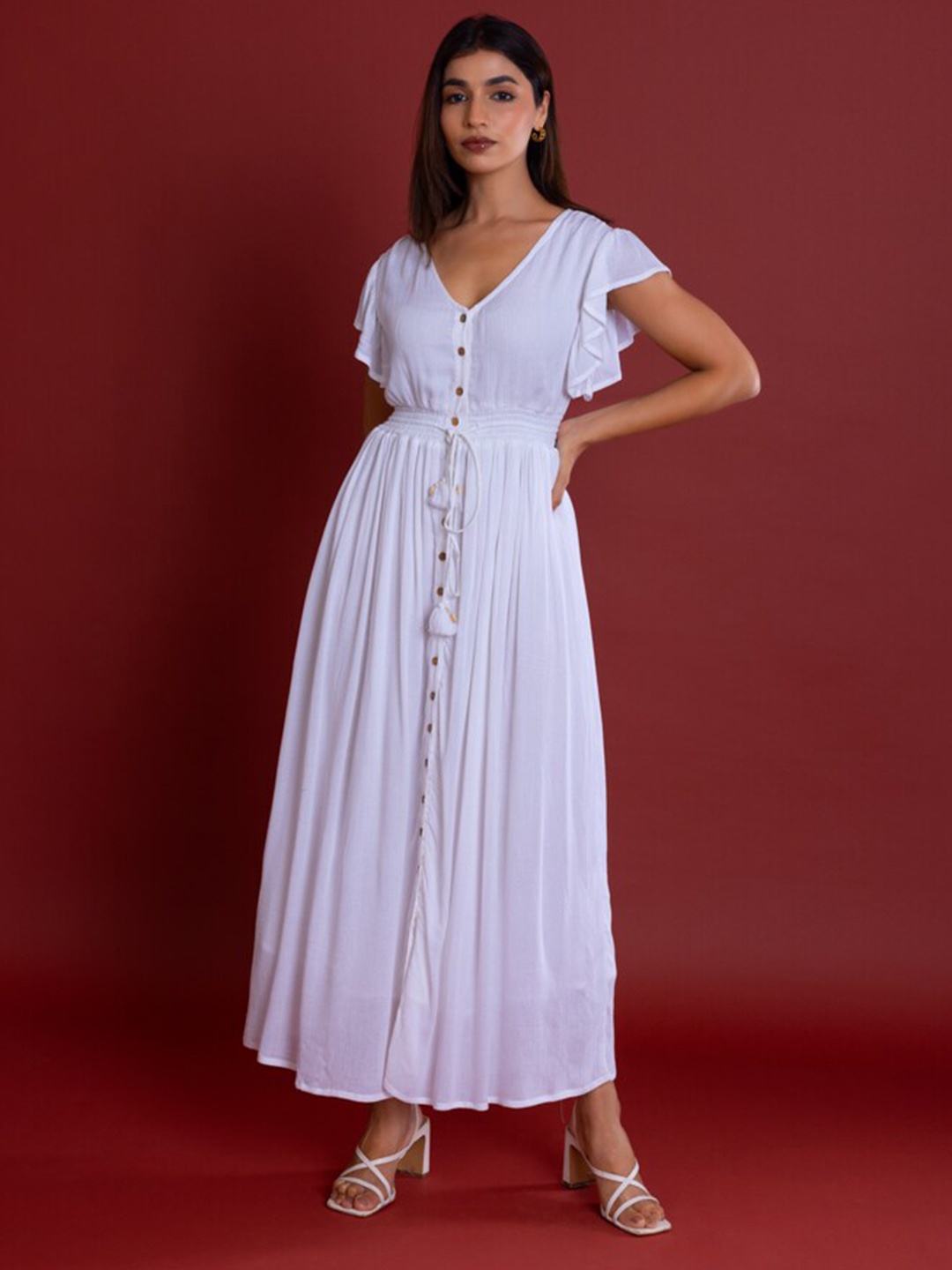 

Label Reyya V-Neck Flutter Sleeves Tie-Ups Smocked Maxi Dress, White