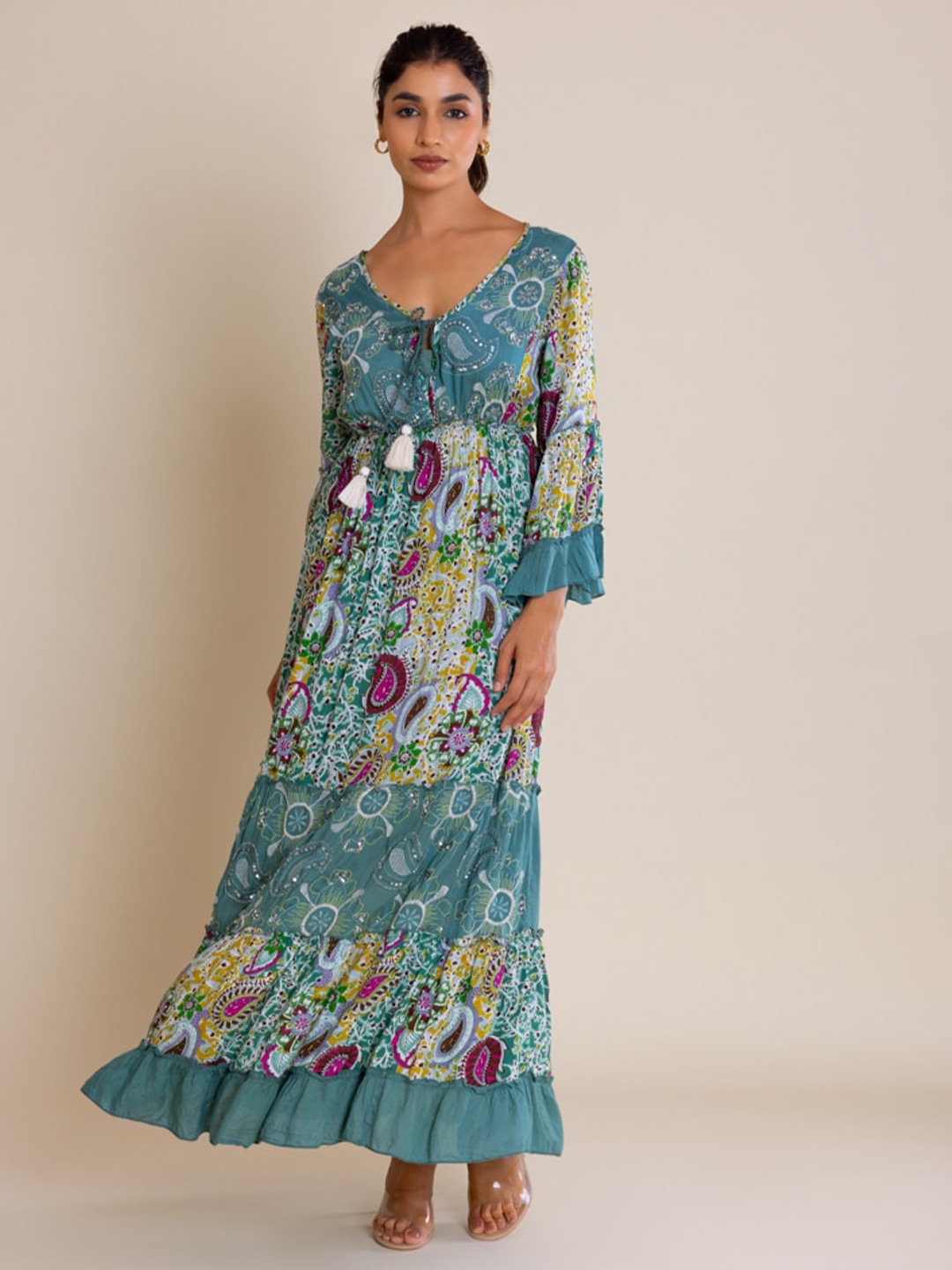 

Label Reyya Ethnic Motifs Printed Tiered A-line Maxi Dress, Green