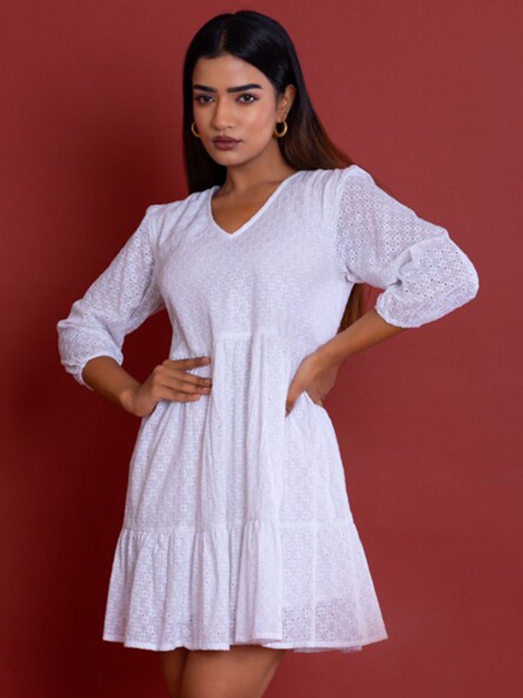 

Label Reyya Self Design V-Neck Cotton Schiffli A-Line Dress, White