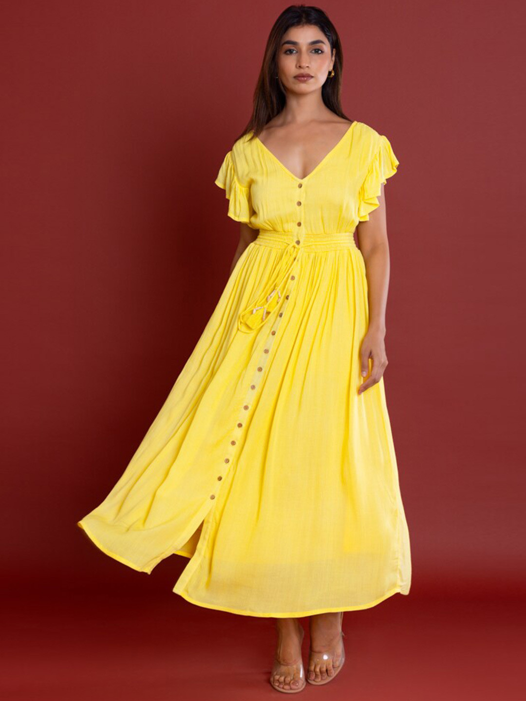 

Label Reyya V-Neck Flutter Sleeves Tie-Ups Smocked Maxi Dress, Yellow