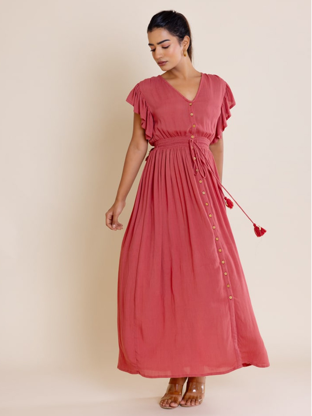 

Label Reyya V-Neck Flared Sleeves Bohemian Tie-Up Crepe Maxi Dress, Rust