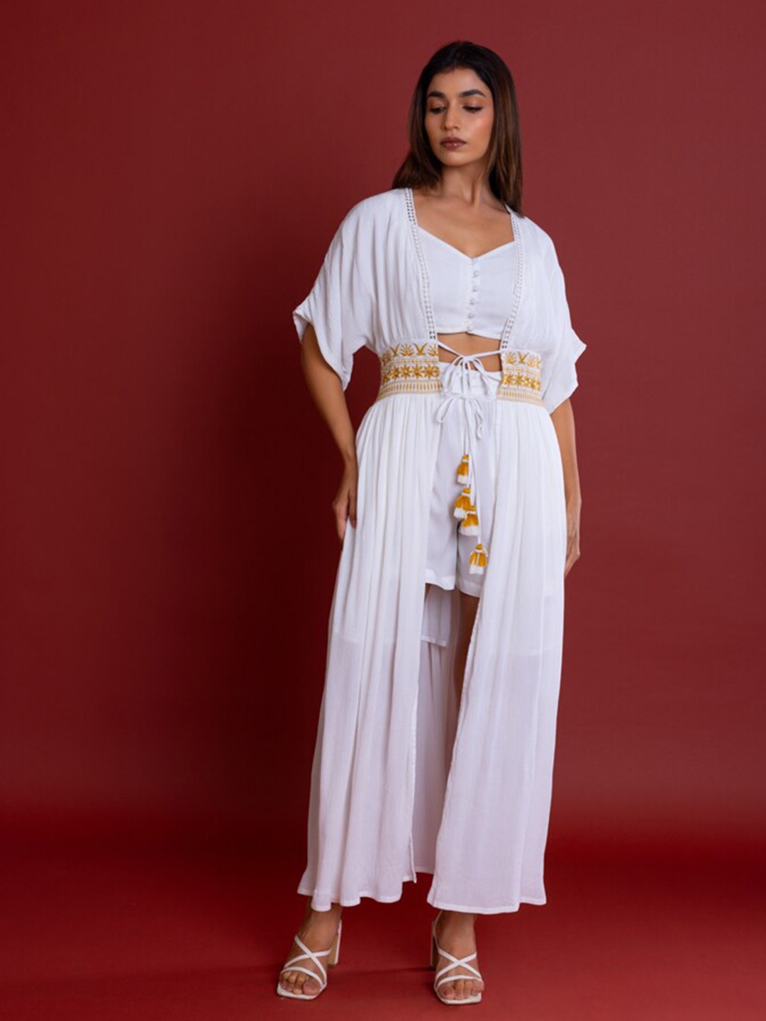 

Label Reyya Embroidered Mirror Work Tie-Up Shrug, White