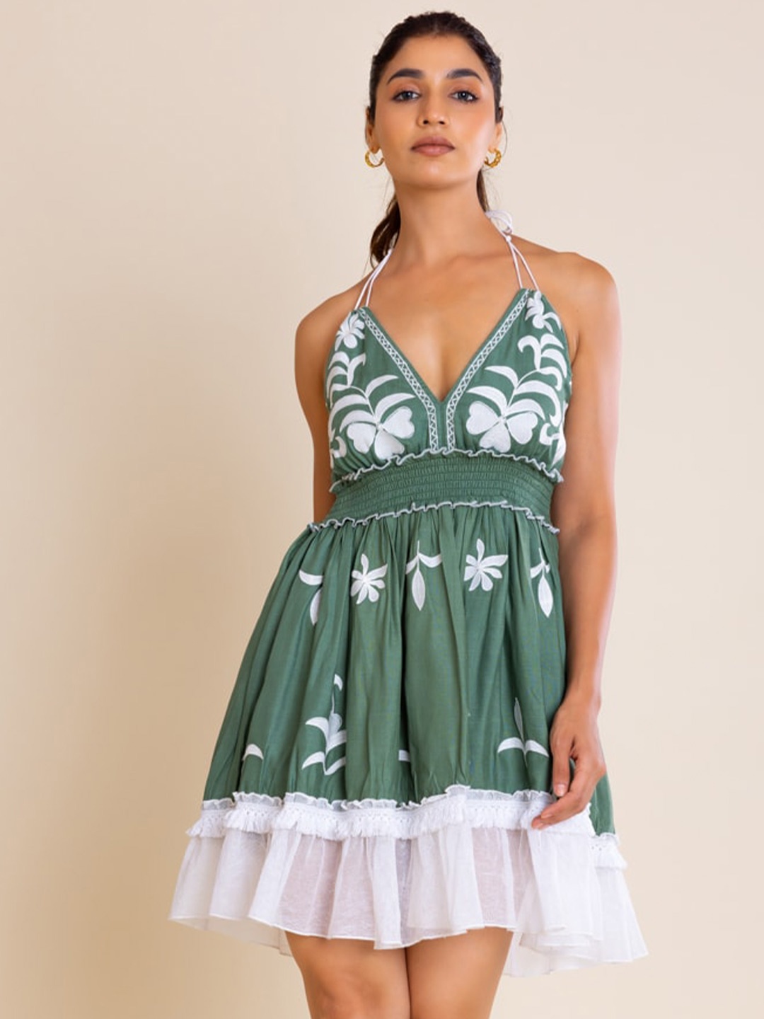 

Label Reyya Floral Embroidered Halter Neck Smocked Fit & Flare Dress, Green