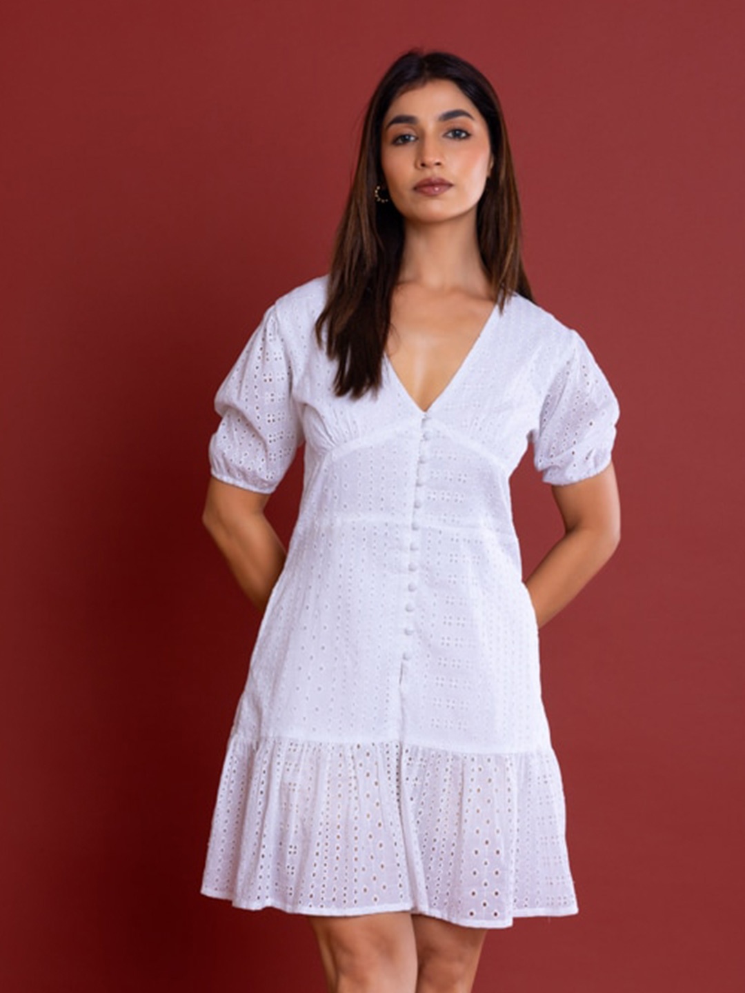 

Label Reyya Self Design V-Neck Cotton Schiffli A-Line Dress, White