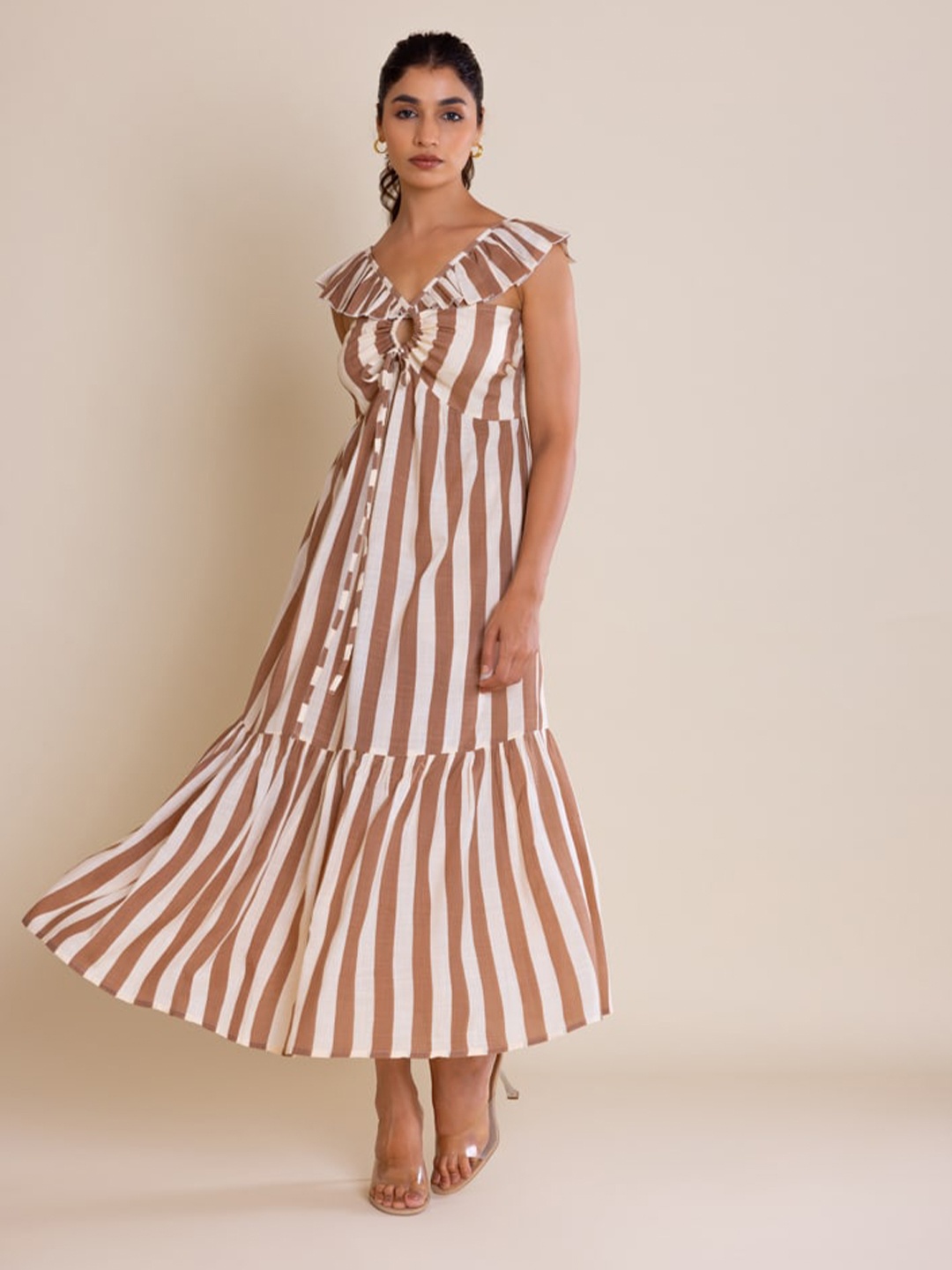 

Label Reyya Striped Flutter Sleeves Cut-Out Smocked Maxi Dress, Brown