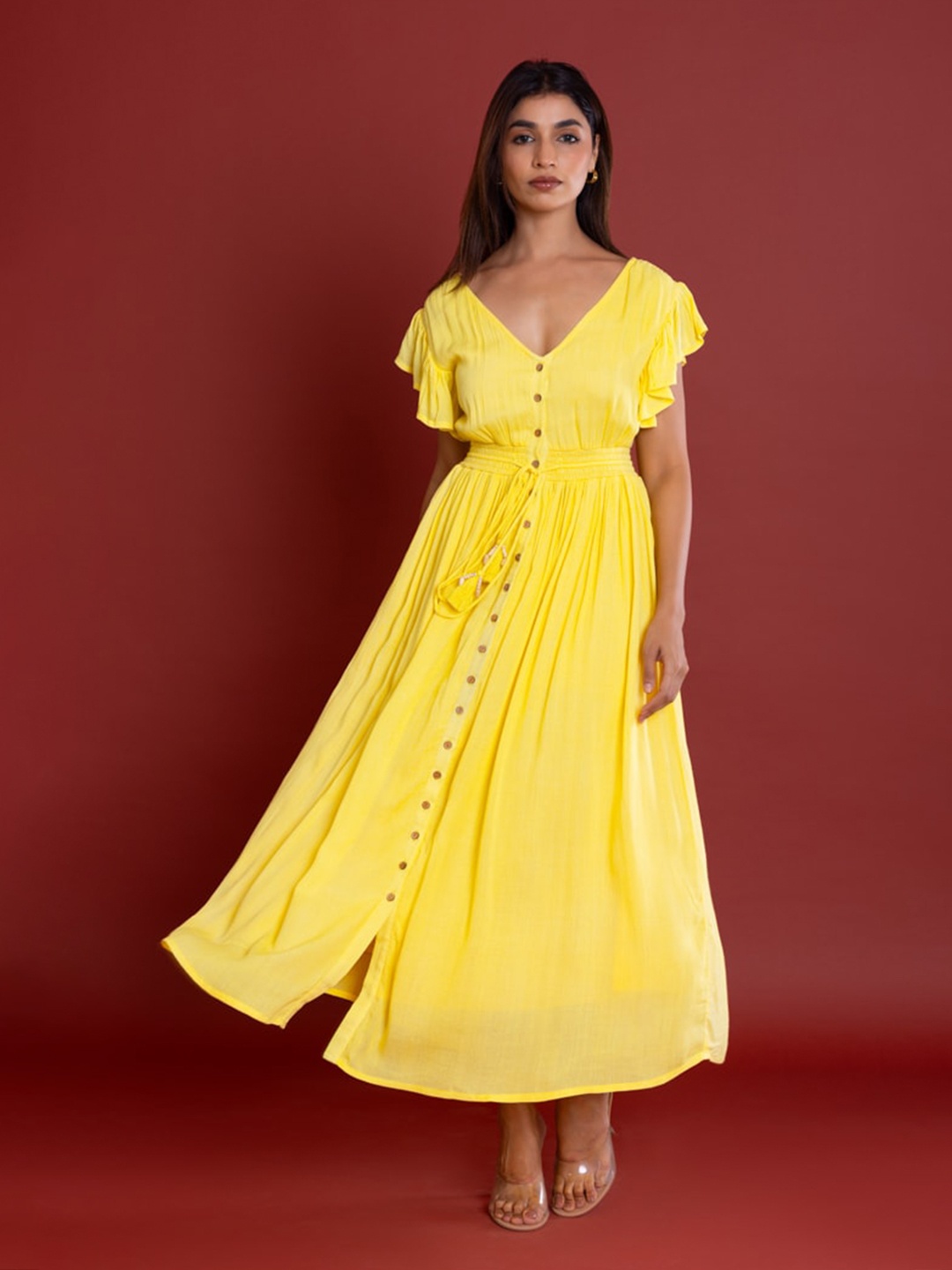 

Label Reyya Flutter Sleeve Smocked Crepe Maxi Dress, Yellow