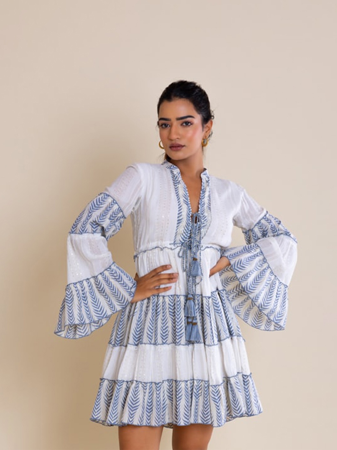 

Label Reyya Geometric Printed Flared Sleeves Embellished Fit & Flare Dress, Blue