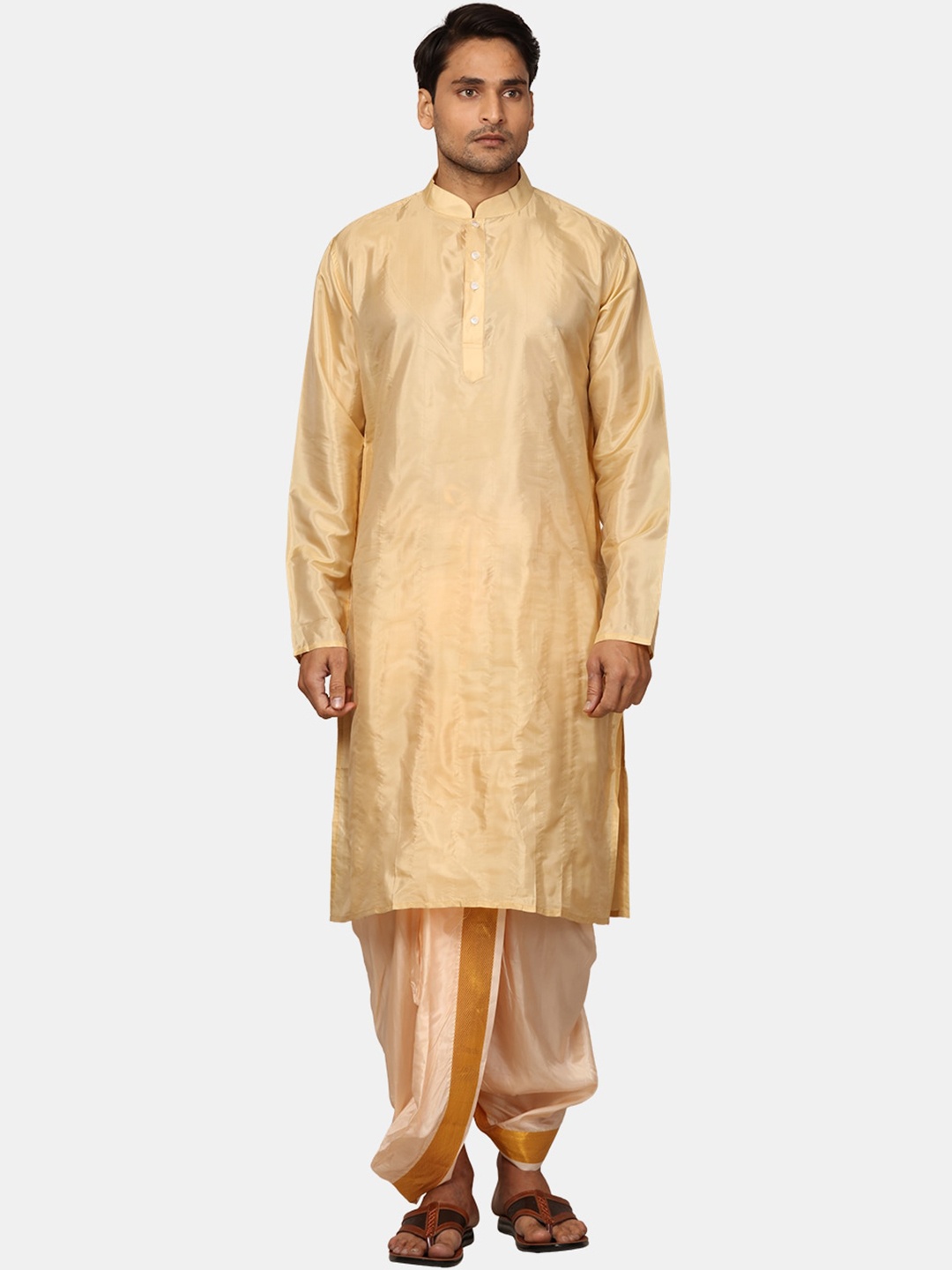 

Sethukrishna Mandarin Collar Zari Detail Straight Kurta With Dhoti Pants, Beige