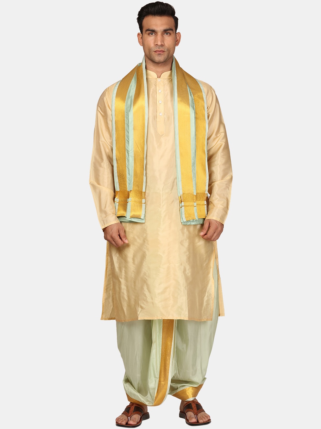 

Sethukrishna Mandarin Collar Regular Kurta with Dhoti Pants & With Dupatta, Beige