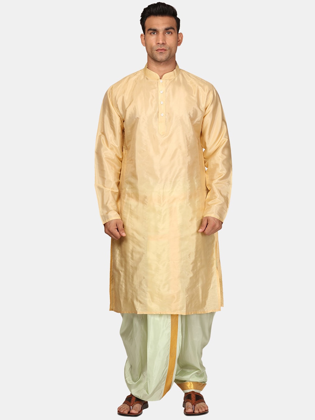 

Sethukrishna Mandarin Collar Regular Kurta with Dhoti Pants, Beige