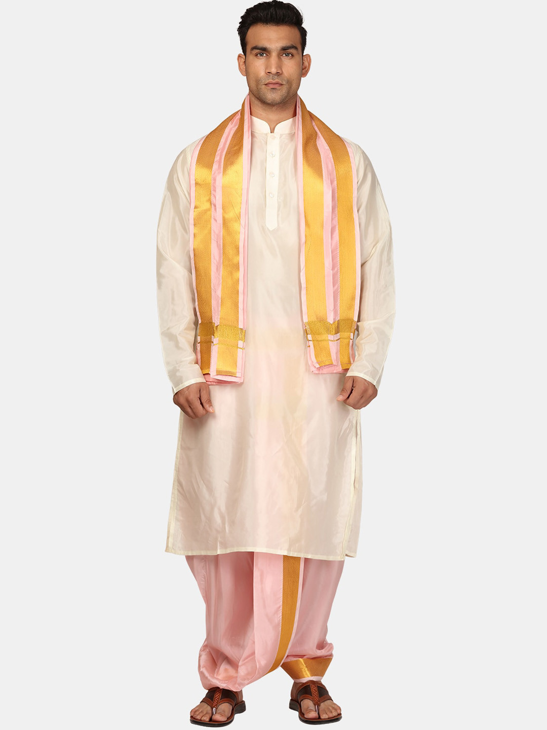 

Sethukrishna Mandarin Collar Regular Straight Kurta with Dhoti Pants With Angavastra, Cream