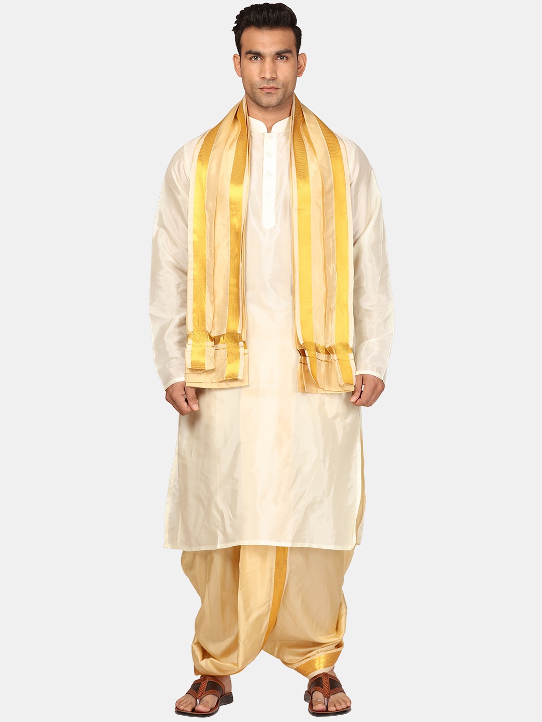 

Sethukrishna Regular Zari Kurta With Dhoti Pants & Dupatta, Cream