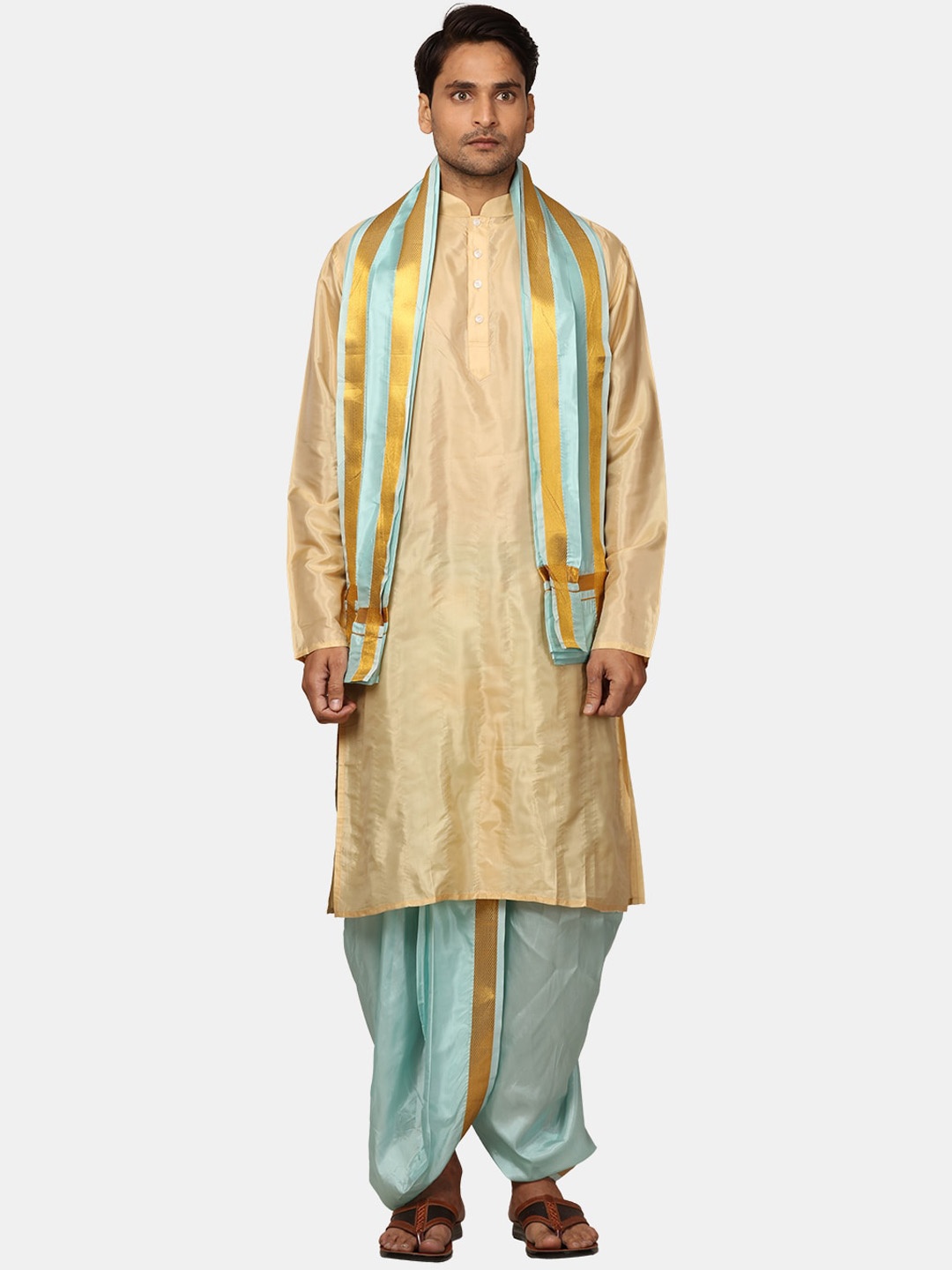 

Sethukrishna Mandarin Collar Kurta with Dhoti Pants & With Angavastram, Beige
