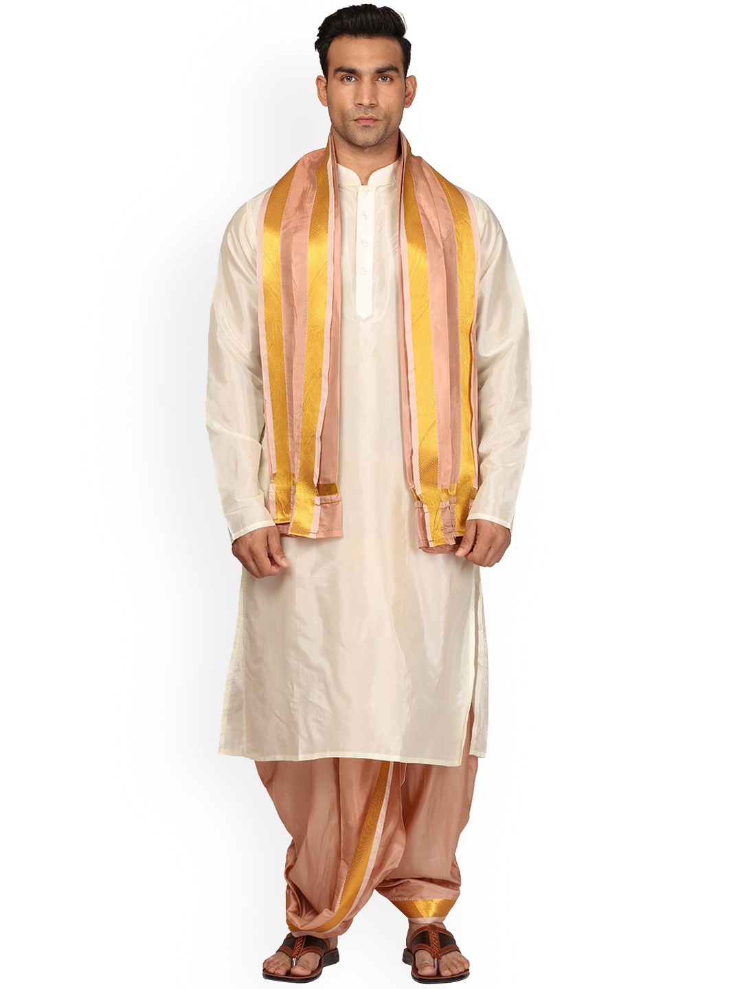 

Sethukrishna Mandarin Collar Zari Detail Straight Kurta & Dhoti Pants With Angavastram, Cream