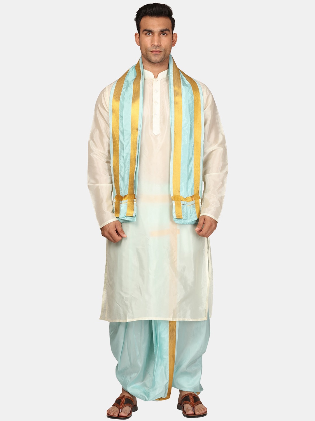 

Sethukrishna Mandarin Collar Kurta With Dhoti Pants & Angavastram, Cream