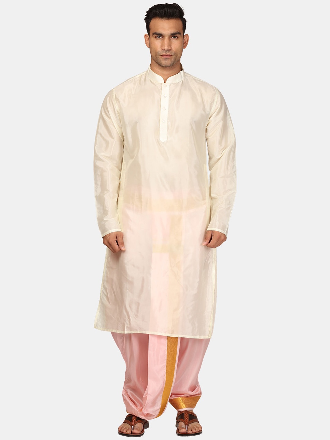 

Sethukrishna Mandarin Collar Zari Detail Straight Kurta With Dhoti Pants, Cream