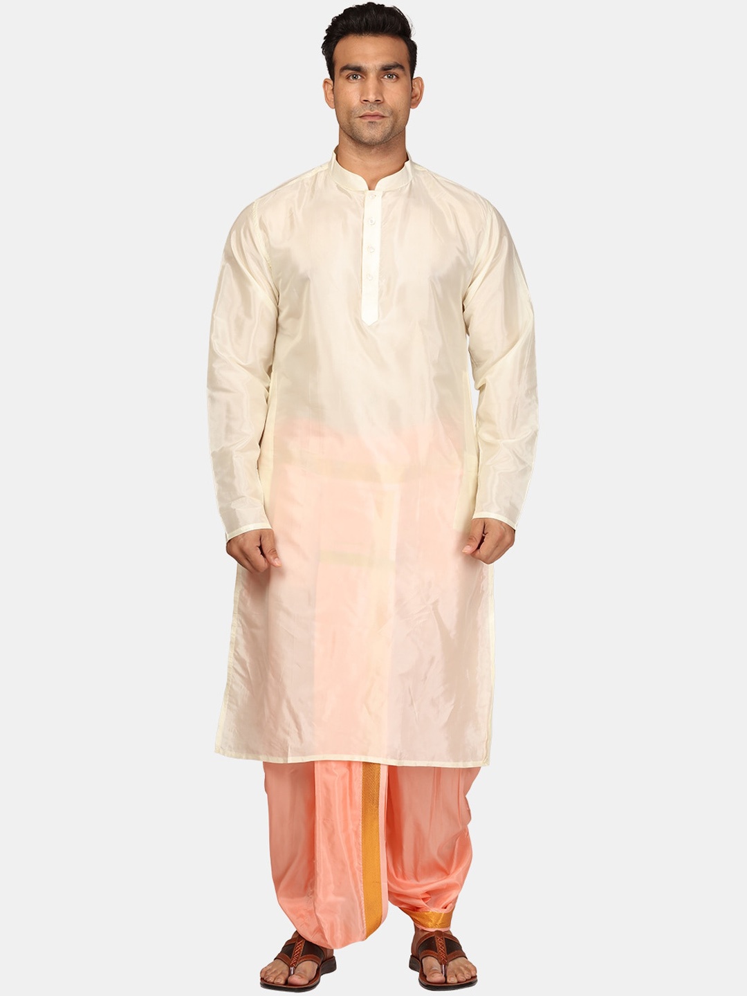 

Sethukrishna Mandarin Collar Regular Straight Kurta with Dhoti Pants, Cream