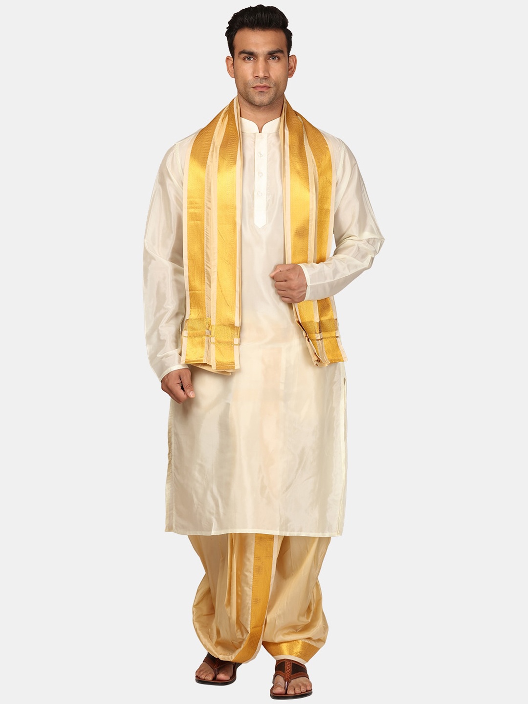 

Sethukrishna Mandarin Collar Zari Kurta & Dhoti Pants With Angavastram, Cream