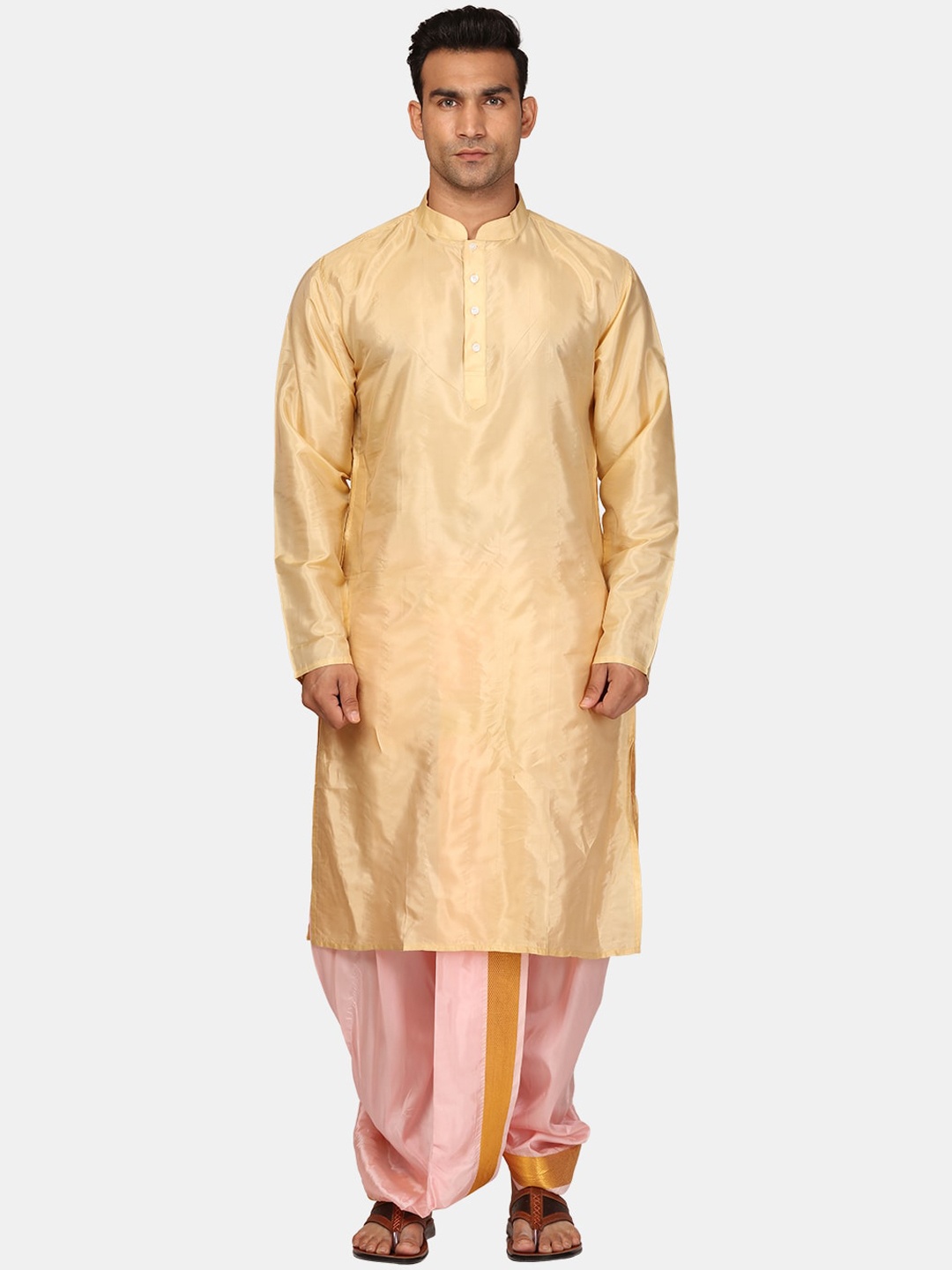 

Sethukrishna Mandarin Collar Zari Kurta with Dhoti Pants, Beige