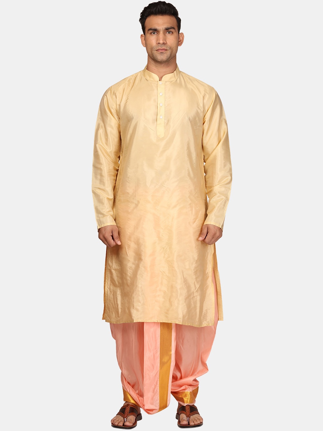 

Sethukrishna Mandarin Collar Regular Kurta with Dhoti Pants & With Dupatta, Beige