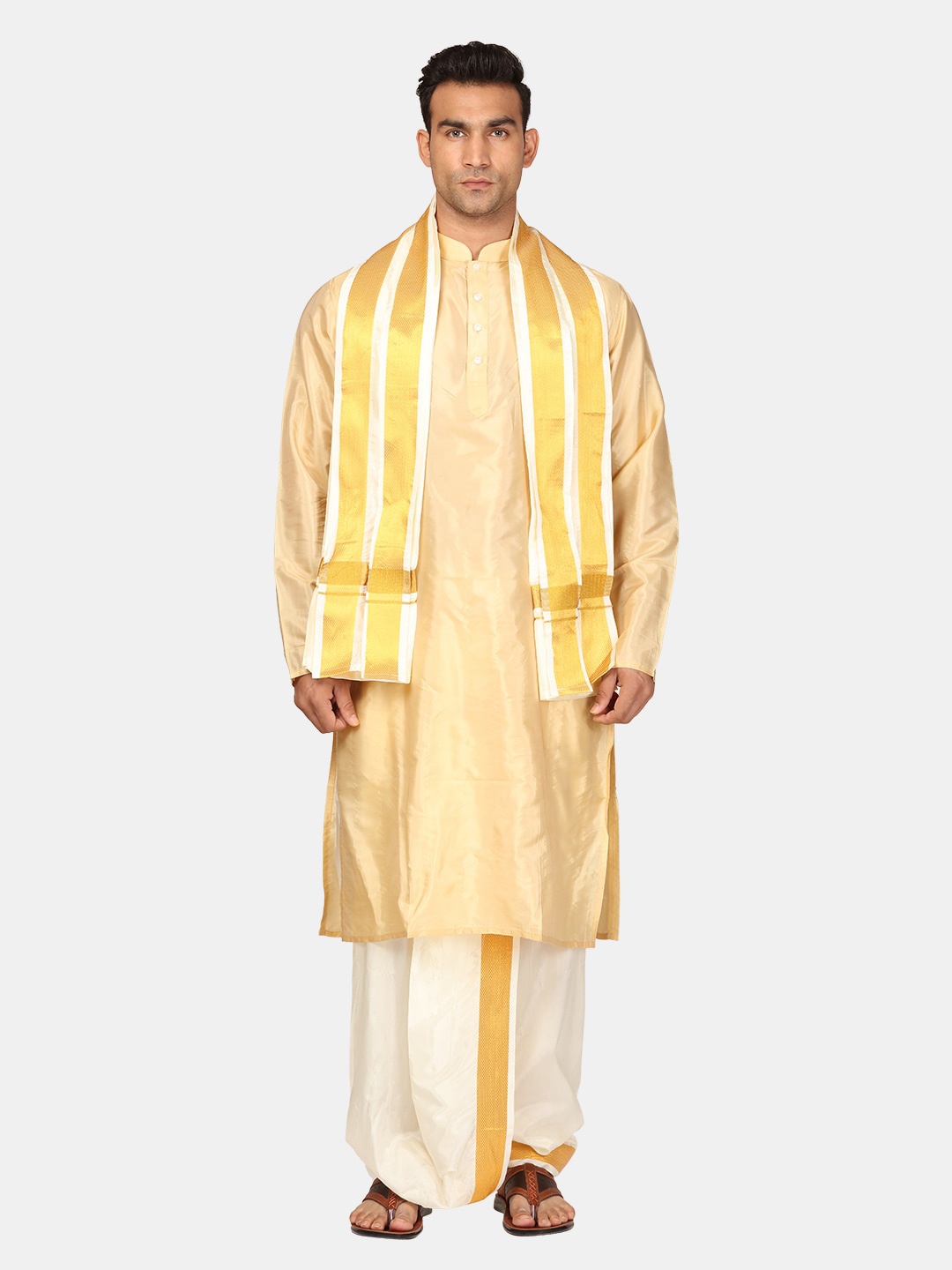 

Sethukrishna Mandarin Collar Kurta With Dhoti Pants & Angavastram, Beige