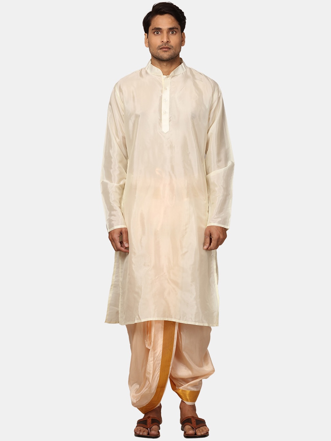

Sethukrishna Mandarin Collar Regular Kurta with Dhoti Pants, Cream