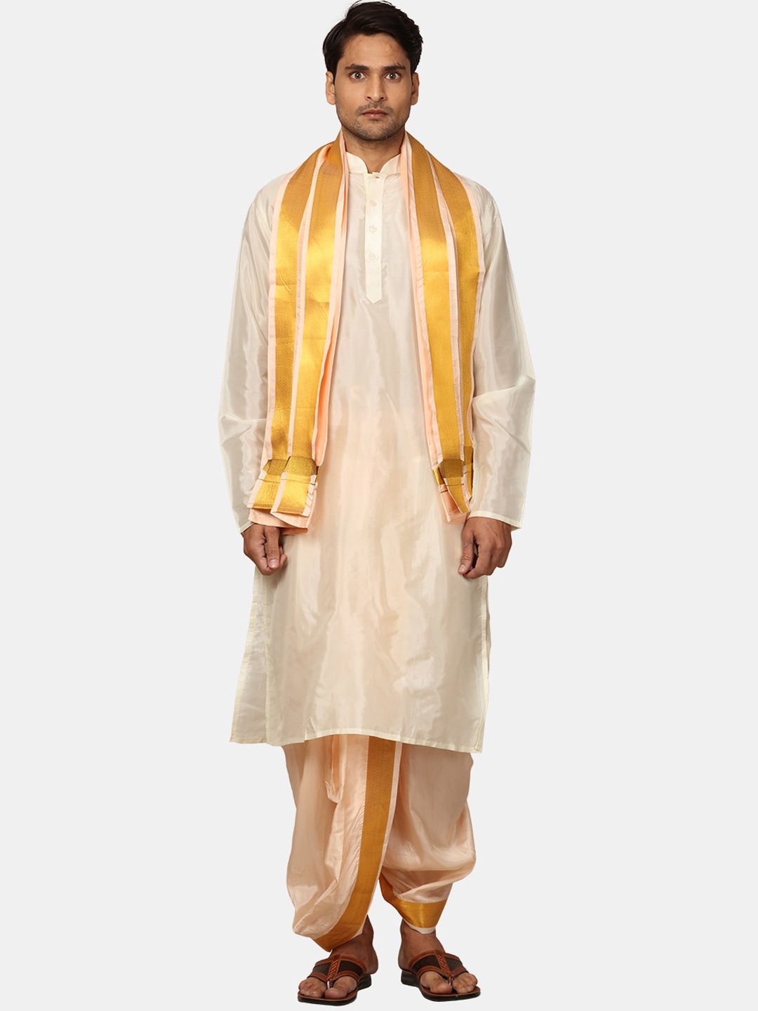 

Sethukrishna Mandarin Collar Kurta with Dhoti Pants & With Angavastram, Cream