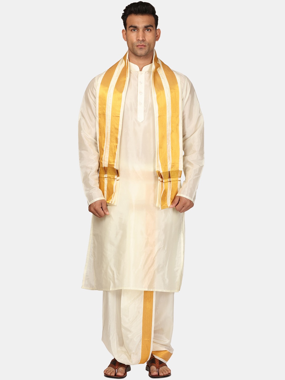 

Sethukrishna Mandarin Collar Regular Kurta with Dhoti Pants & With Dupatta, Cream