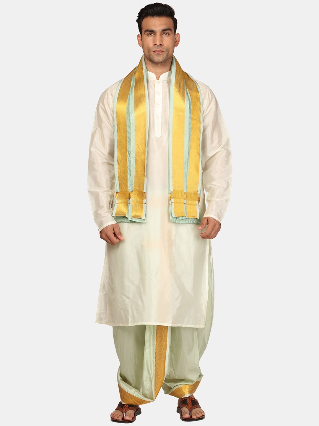 

Sethukrishna Mandarin Collar Zari Kurta With Dhoti Pants & Angavastram, Cream
