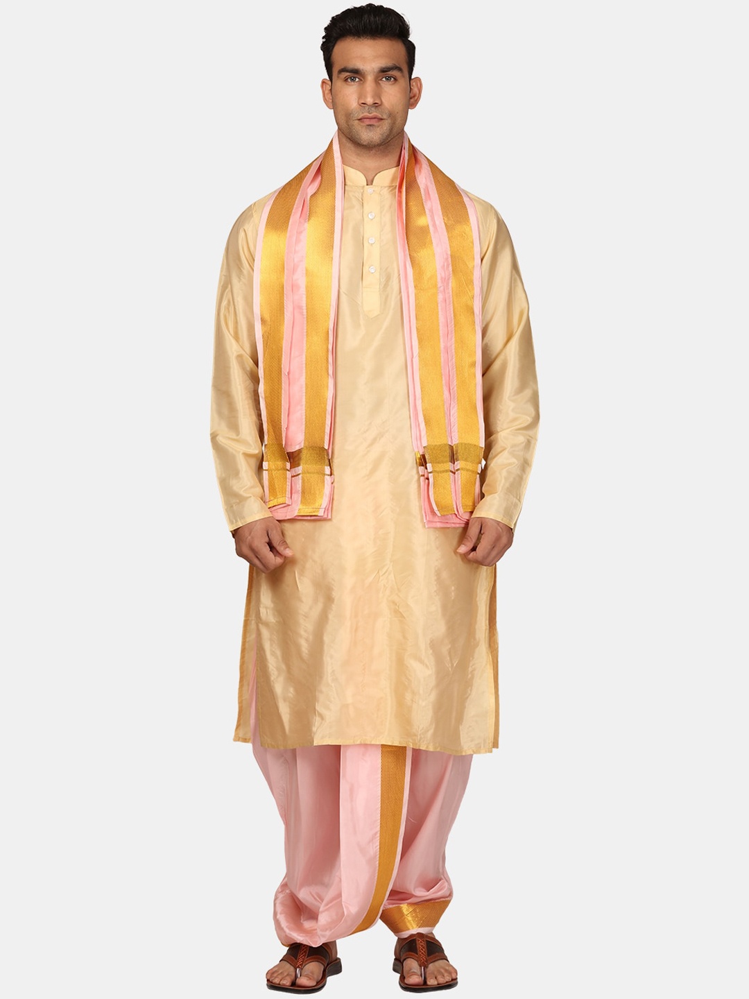 

Sethukrishna Mandarin Collar Zari Kurta With Dhoti Pants & Angavastram, Beige