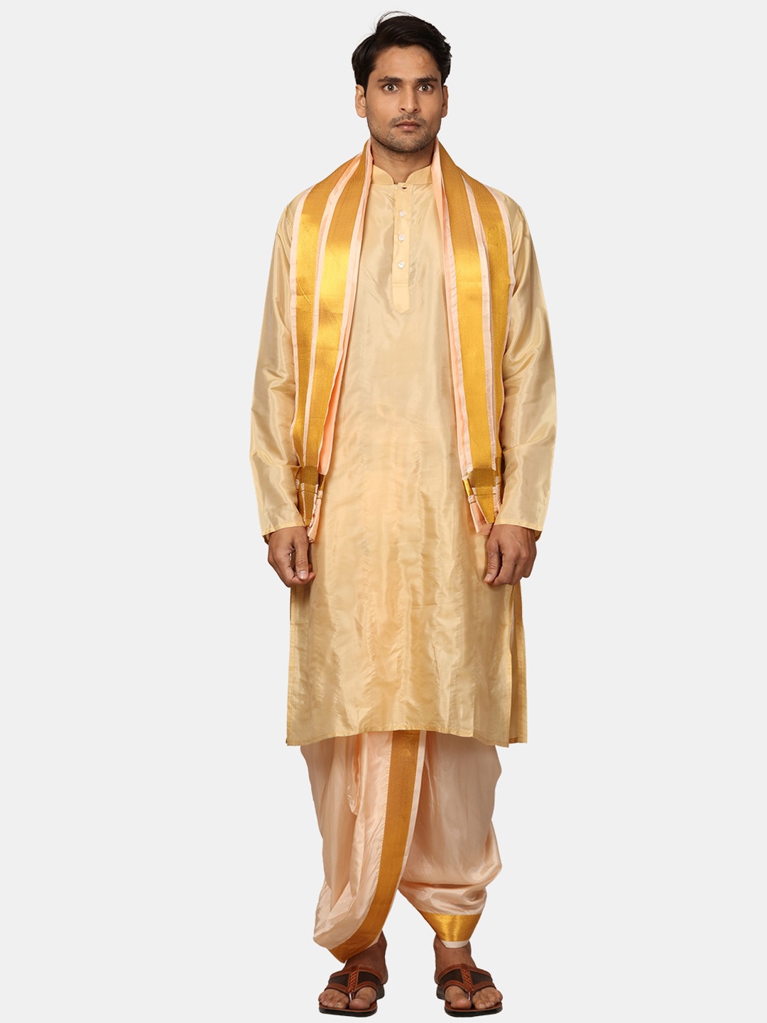 

Sethukrishna Mandarin Collar Kurta With Dhoti Pants & Angavastram, Beige