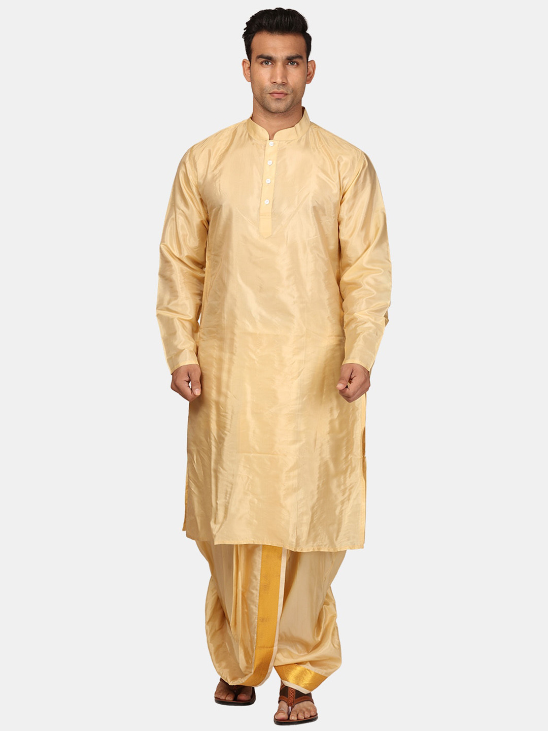 

Sethukrishna Mandarin Collar Regular Kurta with Dhoti Pants, Beige