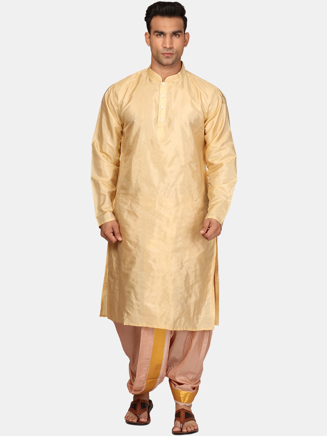 

Sethukrishna Mandarin Collar Regular Straight Kurta with Dhoti Pants, Beige