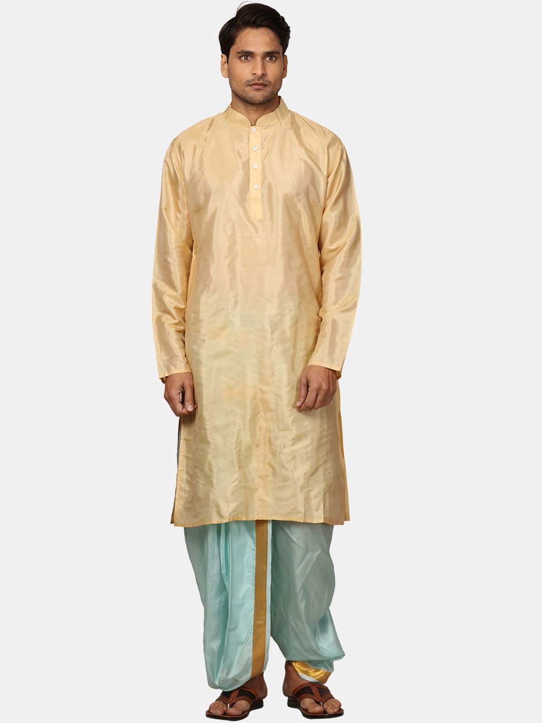 

Sethukrishna Men Art Silk Regular Kurta with Dhoti Pants, Cream