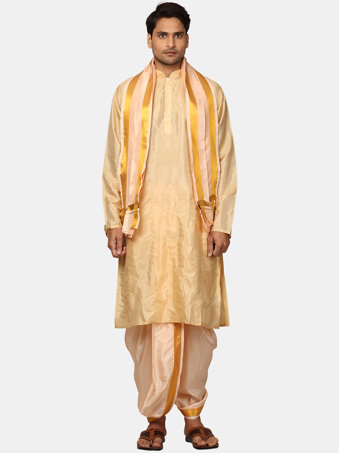 

Sethukrishna Mandarin Collar Kurta With Dhoti Pants & Angavastram, Beige